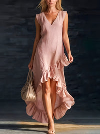 Robe bohème courte Sienna rose poudré à volants, encolure V, sans manches