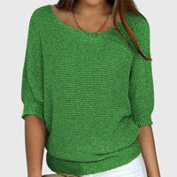 Pull ample en maille douce vert, col rond, manches trois-quarts bouffantes, bords côtelés