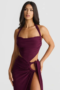 Robe d’été pourpre à bretelles, drapé froncé, encolure carrée et nœud à la taille