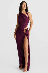 Robe d’été pourpre à bretelles, buste asymétrique drapé, nœud latéral et fente