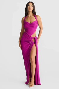 Robe d’été violette à bretelles fines, drapée et froncée, fente sur le côté