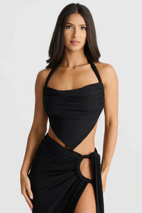 Robe d’été noire à bretelles fines, drapée et froncée, fente avec lien latéral