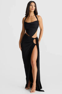 Robe d’été noire à bretelles fines, drapée croisée, fente sur la jambe