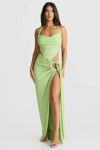Robe d’été verte à bretelles fines, drapée et froncée, fente sur le côté