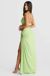 Robe d’été verte à bretelles fines, drapée, nœud à la taille, vue de dos