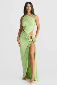 Robe d’été verte à bretelles fines, drapée et froncée, fente latérale