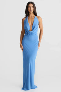 Robe longue bleu, décolleté plongeant en V, bretelles fines