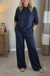 Ensemble décontracté bleu marine à paillettes : pull manches 3/4 et pantalon ample