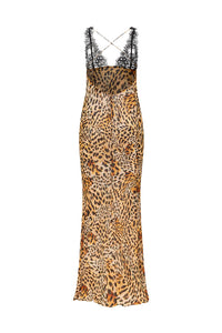 Robe longue à motif léopard, bretelles fines croisées, jupe ample.