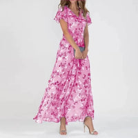 Robe longue fleurie rose à manches courtes volantées et encolure en V