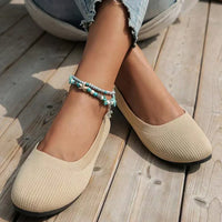 Chaussures confortables en tricot beige clair, bout rond, vue de dessus, sans lacets
