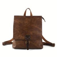 Sac à dos rétro multifonction en cuir marron, rabat et boucle centrale