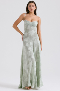 Robe longue NOIR SEREN vert d’eau clair, bretelles fines, motif floral, coupe fluide