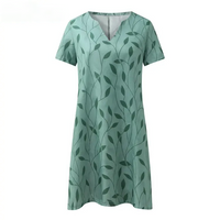 Robe midi en coton vert clair, encolure V et imprimé feuilles sur toute la surface