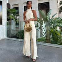 Robe longue ivoire sans manches à col halter, tissu texturé plissé