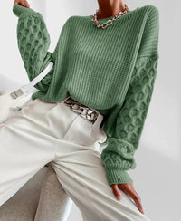 Pull de printemps vert avec manches longues en maille gaufrée et col ras du cou