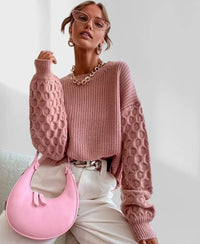 Pull de printemps rose poudré en maille, manches longues à relief et col ras du cou