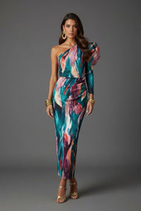 Robe midi imprimée bleu-vert et rose, une épaule, manches bouffantes, ceinture
