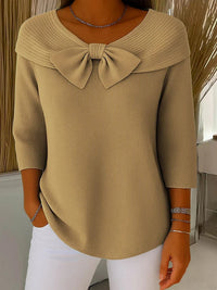 Pull en maille kaki avec nœud au col et manches 3/4