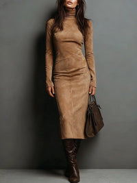 Robe midi en daim kaki, col roulé, manches longues, couture marquant la taille