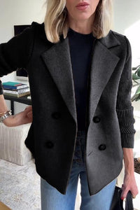 Blazer en maille croisée noir à double boutonnage, revers châle, manches longues côtelées