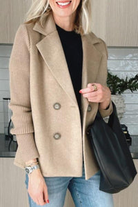 Blazer en maille croisée beige à double boutonnage, revers châle, manches longues côtelées