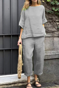 Ensemble deux pièces gris : haut ample manches 3/4 et pantalon ample longueur cheville