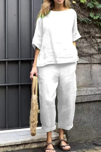Ensemble deux pièces blanc : haut ample manches 3/4 et pantalon ample longueur cheville