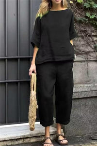 Ensemble deux pièces noir : haut manches 3/4 ample et pantalon ample longueur cheville