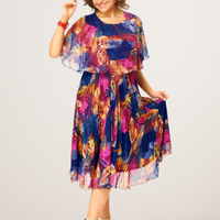 Robe en mousseline à imprimé abstrait bleu, rose et violet, manches évasées et col rond