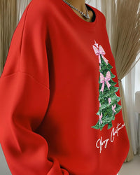 Sweat rouge avec motif sapin sur la manche et devant, rubans roses, « Merry Christmas »