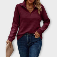 Pull à demi-zip bordeaux à manches longues, maille texturée à rayures fines