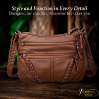 Sac bandoulière en cuir marron, fermeture zippée, sangles tressées et poches avant