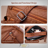 Sac en cuir marron : fermeture carrée, zip côtelé et détails en tresse