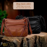 Sac bandoulière en cuir marron et noir, poches zippées avant, tresses décoratives