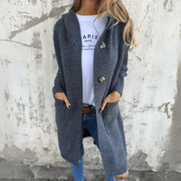 Cardigan long ouvert gris foncé à fermeture boutonnée, poches plaquées