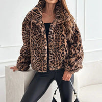 Veste motif léopard brun en fausse fourrure, col châle, poignets élastiqués