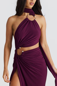 Haut de robe violette drapé, col licou, découpe à l’avant, boutons décoratifs