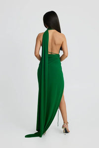 Robe longue verte dos nu avec ouverture dans le dos, fente latérale et drapé