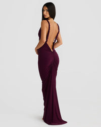 Robe longue Yelena violette vue de côté, dos tressé et fronces sur le ventre
