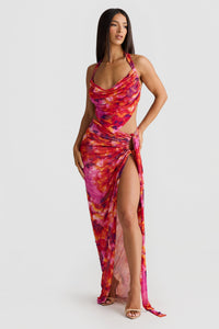 Robe d’été Lexi™ à bretelles fines, décolleté drapé et fente haute, motif rose et orange