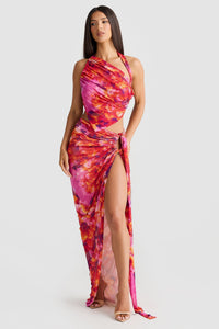 Robe d’été Lexi™ motif abstrait rose orangé, bretelles fines, fente haute sur la jambe