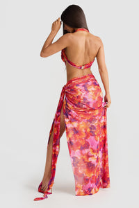Robe d’été Lexi™ dos nu, motif rose et orange, nœud arrière et fente longue