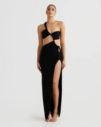 Robe longue de plage noire, décolleté croisé, fente haute sur la jambe