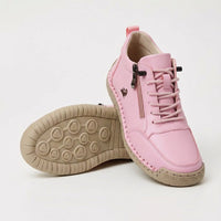 Baskets orthopédiques roses à lacets, vue semelle et dessus, zip latéral