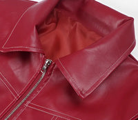 Veste en cuir rouge oversize avec fermeture éclair et col montant