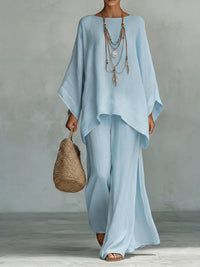 Ensemble bohème ample : tunique bleu clair et pantalon fluide assorti.