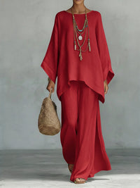 Ensemble bohème ample : tunique rouge et pantalon fluide assorti.