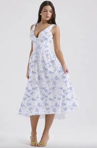 Robe midi évasée à corset, fleurs bleu et blanc, décolleté en V