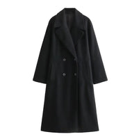 Manteau d’hiver noir long, double boutonnage et col châle.